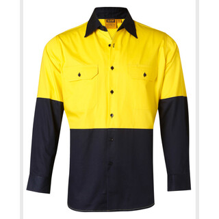 Hi-Vis two tone Cool-Breeze L/S cotton work shirt - Yellow / Navy - 2XL