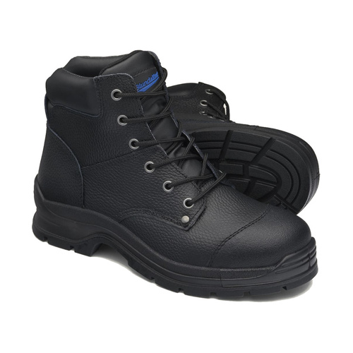 WORKWEAR, SAFETY & CORPORATE CLOTHING SPECIALISTS - Black print leather lace up safety boot with padded collar and ¾ bellows tongue
