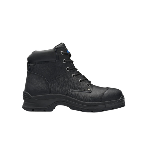 WORKWEAR, SAFETY & CORPORATE CLOTHING SPECIALISTS Black print leather lace up safety boot with padded collar and ¾ bellows tongue