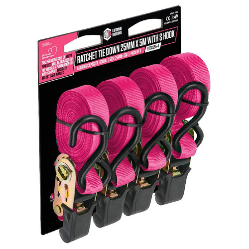 WORKWEAR, SAFETY & CORPORATE CLOTHING SPECIALISTS Pink Ratchet Tiedown 25mm x 5m with S Hook - 4 Pack