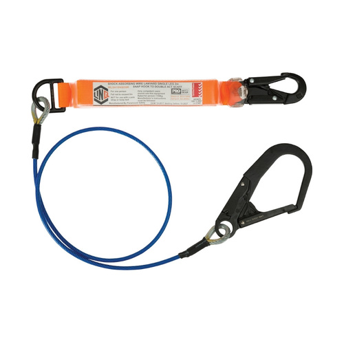 WORKWEAR, SAFETY & CORPORATE CLOTHING SPECIALISTS Elite Single Leg Shock Absorbing 2M Wire Rope Lanyard with Hardware SN & SD