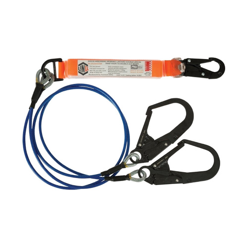 WORKWEAR, SAFETY & CORPORATE CLOTHING SPECIALISTS Elite Double Leg Shock Absorbing 2M Wire Rope Lanyard with Hardware SN & SD X2