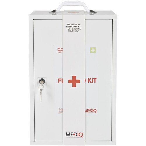 WORKWEAR, SAFETY & CORPORATE CLOTHING SPECIALISTS - MEDIQ ESSENTIAL FIRST AID KIT WORKPLACE RESPONSE IN WHITE METAL WALL CABINET 1-25 PERSONS HIGH RISK