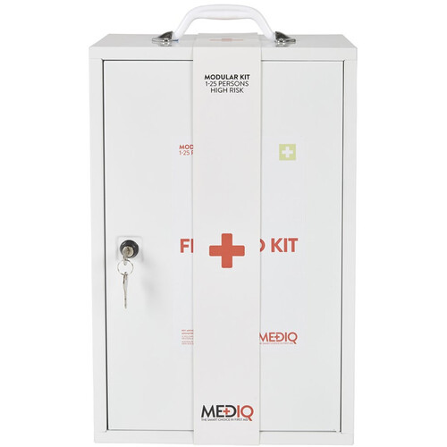 WORKWEAR, SAFETY & CORPORATE CLOTHING SPECIALISTS - MEDIQ 5 x INCIDENT READY FIRST AID KIT IN WHITE METAL WALL CABINET 1-25 PERSONS HIGH RISK