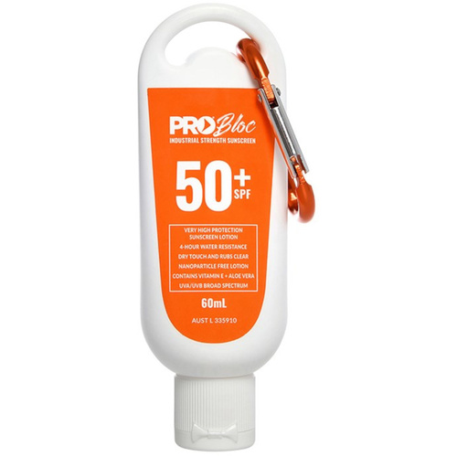 WORKWEAR, SAFETY & CORPORATE CLOTHING SPECIALISTS - PROBLOC SPF 50 + Sunscreen 60mL Squeeze Bottle with Carabiner