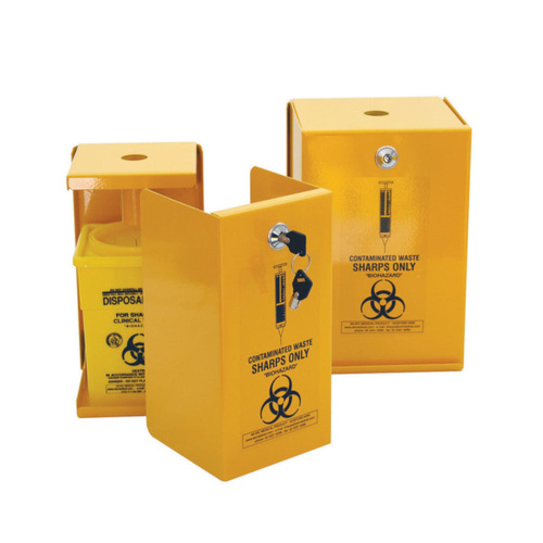 WORKWEAR, SAFETY & CORPORATE CLOTHING SPECIALISTS SHARPS METAL SAFE, 5L, YELLOW ARMOUR, INCLUDES 2 SQUARE 5L PLASTIC SHARPS CONTAINERS