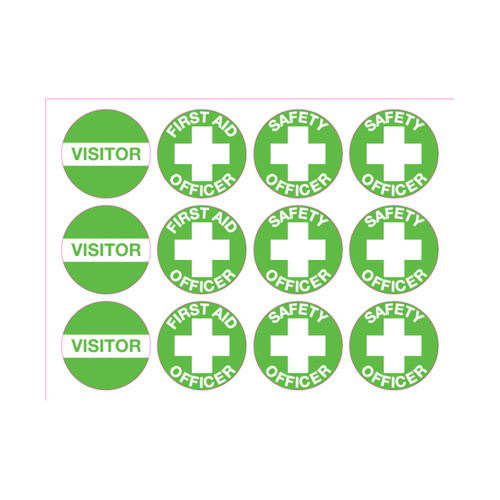 WORKWEAR, SAFETY & CORPORATE CLOTHING SPECIALISTS - 50mm Disc - Self Adhesive - Sheet of 12 - First Aid Assorted Hard Hat Labels