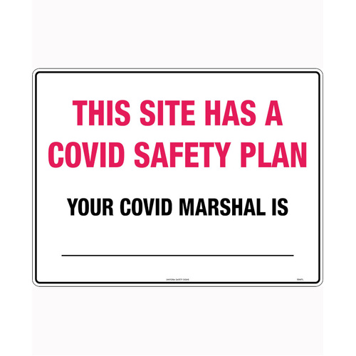 WORKWEAR, SAFETY & CORPORATE CLOTHING SPECIALISTS - DISCONTINUED - 600x400mm - Corflute - This Site Has a Covid Safety Plan, Your Covid Marshal is _