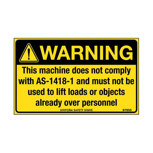 WORKWEAR, SAFETY & CORPORATE CLOTHING SPECIALISTS - 90x55mm - Self Adhesive - Sheet of 10 - Warning This Machine Does not Comply with AS-1418-1 and Must