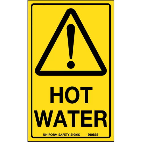 WORKWEAR, SAFETY & CORPORATE CLOTHING SPECIALISTS - 90x55mm - Self Adhesive - Sheet of 10 - Caution Hot Water