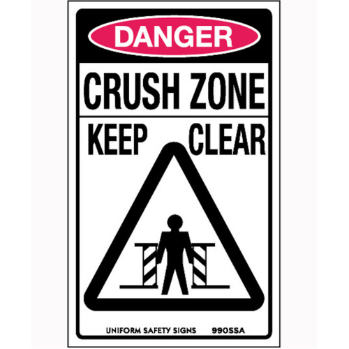 WORKWEAR, SAFETY & CORPORATE CLOTHING SPECIALISTS - 90x55mm - Self Adhesive - Sheet of 10 - Danger Crush Zone Keep Clear