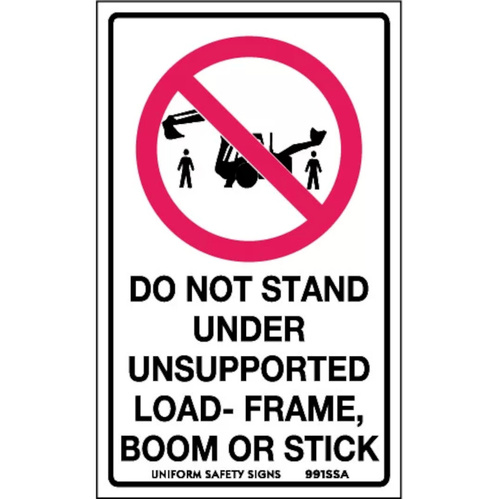 WORKWEAR, SAFETY & CORPORATE CLOTHING SPECIALISTS - 90x55mm - Self Adhesive - Sheet of 10 - Do Not Stand Under Unsupported Load-Frame, Boom or Stick