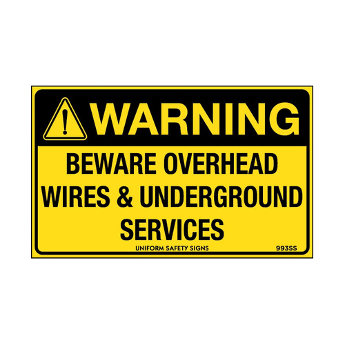 WORKWEAR, SAFETY & CORPORATE CLOTHING SPECIALISTS - 90x55mm - Self Adhesive - Sheet of 10 - Warning Beware Overhead Wires and Underground Services