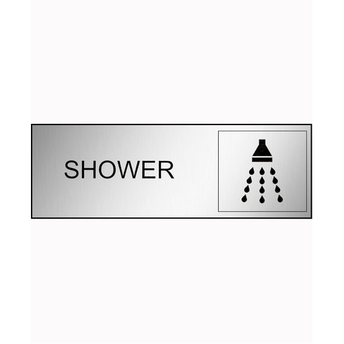 WORKWEAR, SAFETY & CORPORATE CLOTHING SPECIALISTS - 300x100mm - Engraved Label - Black/Brushed Aluminium Traffilite - Adhesive Backed - Shower (With Pic