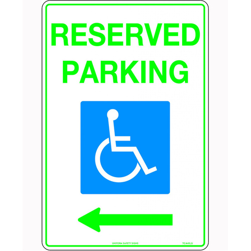 WORKWEAR, SAFETY & CORPORATE CLOTHING SPECIALISTS - 450x300mm - Metal - Reserved Parking (Disabled Picto and Left Arrow)