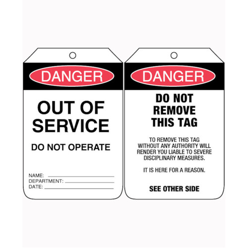 WORKWEAR, SAFETY & CORPORATE CLOTHING SPECIALISTS - 90x140mm - Cardboard Tags - Pkt of 100 - Danger Out of Service Do Not Operate