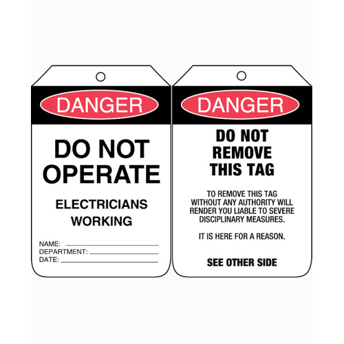 WORKWEAR, SAFETY & CORPORATE CLOTHING SPECIALISTS 90x140mm - Cardboard Tags - Pkt of 100 - Danger Do Not Operate Electricians Working