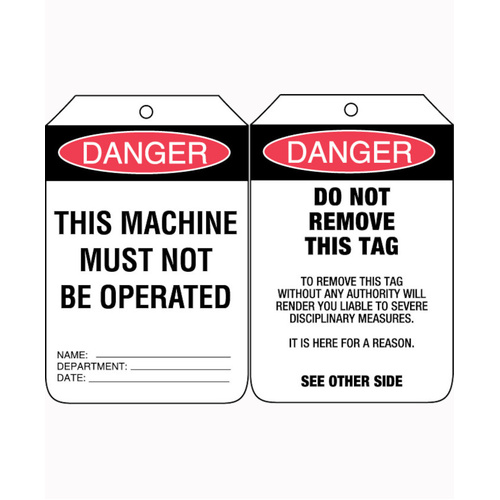WORKWEAR, SAFETY & CORPORATE CLOTHING SPECIALISTS 90x140mm - Cardboard Tags - Pkt of 100 - Danger This Machine Must Not Be Operated