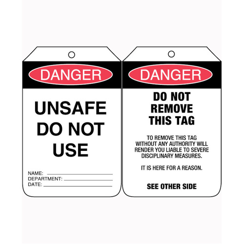 WORKWEAR, SAFETY & CORPORATE CLOTHING SPECIALISTS - 90x140mm - Cardboard Tags - Pkt of 100 - Danger Unsafe Do Not Use