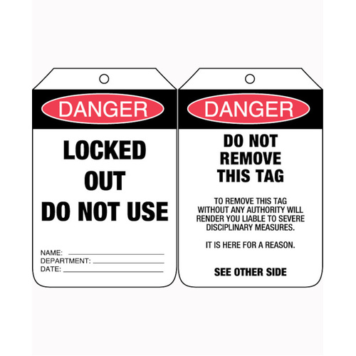WORKWEAR, SAFETY & CORPORATE CLOTHING SPECIALISTS - 90x140mm - Cardboard Tags - Pkt of 100 - Danger Locked Out Do Not Use
