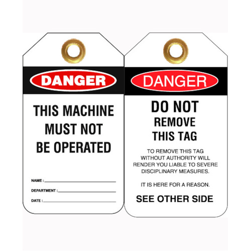 WORKWEAR, SAFETY & CORPORATE CLOTHING SPECIALISTS - 80x140mm -  Heavy Duty PVC Tags - Pkt of 25 - Danger This Machine Must Not Be Operated