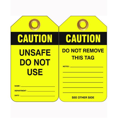 WORKWEAR, SAFETY & CORPORATE CLOTHING SPECIALISTS - 80x140mm -  Heavy Duty PVC Tags - Pkt of 25 - Caution Unsafe Do Not Use