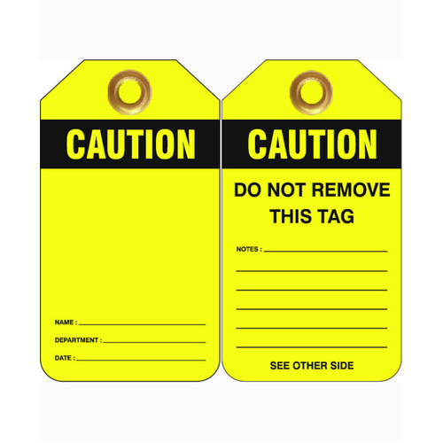 WORKWEAR, SAFETY & CORPORATE CLOTHING SPECIALISTS - 80x140mm -  Heavy Duty PVC Tags - Pkt of 25 - Caution Blank