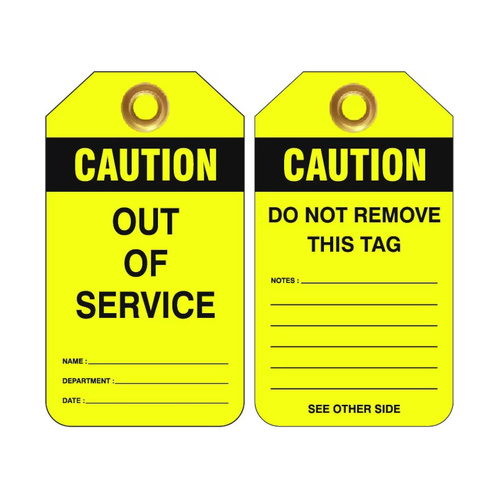 WORKWEAR, SAFETY & CORPORATE CLOTHING SPECIALISTS - 80x140mm -  Heavy Duty PVC Tags - Pkt of 25 - Caution Out Of Service